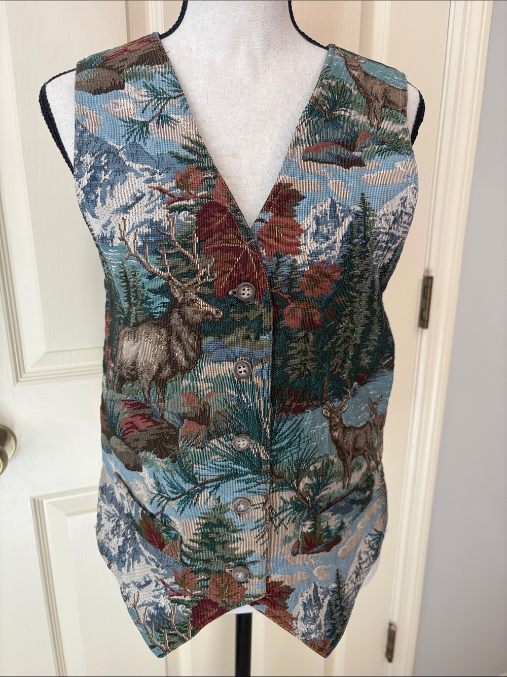 LizSport | Vintage 90s Nature Deer Mountain Woods Tapestry Button Vest sz 6
